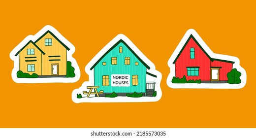 North Europe cute rustic houses stickers set. Bright red blue yellow nordic house facades. Typical norway rural architecture. Northern facades made of sandwich panels. Vector illustration for card