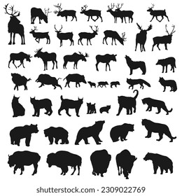 North forest animals silhouettes set. Vector illustration.