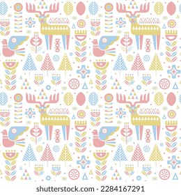 North forest folk animals and plants seamless pattern. Light pastel scandinavian ornament with geometric deer, bird and flowers. Repeating background for fabric, textiles and gift wrapping paper.
