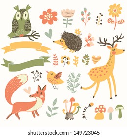 North forest set in vector  Deer  hedgehog  owl  bird   fox in cartoon style  Ribbons and place for your text 