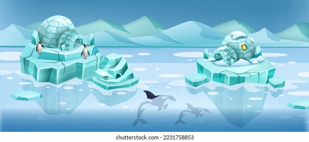 Paisaje congelado del norte, bandera de igloo vector casa de calentamiento global, isla de hielo, pingüino, ballena orca. Fondo del juego del iceberg de dibujos animados, glaciar antártico azul, agua fría. Paisaje del norte, montañas