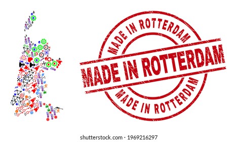 North Holland map mosaic and rubber Made in Rotterdam red round stamp imitation. Made in Rotterdam stamp uses vector lines and arcs. North Holland map mosaic contains helmets, houses, wrenches, suns,