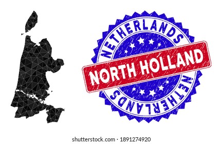 North Holland map polygonal mesh with filled triangles, and rough bicolor seal. Triangle mosaic North Holland map with mesh vector model, triangles have variable sizes, and positions, and color tints.
