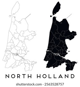 North Holland map of regions districts vector black on white and outline