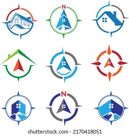 North House District Logo Set. Compass And House Logo Design Vector