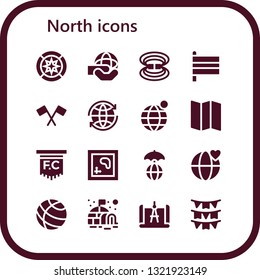 north icon set. 16 filled north icons.  Simple modern icons about  - Wind rose, World, Magnetic field, Flags, Flag, Earth globe, Map, Igloo, Compass
