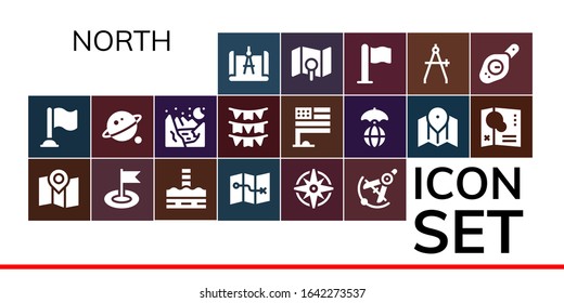 north icon set. 19 filled north icons.  Simple modern icons such as: Compass, Flag, Map, North pole, Windrose, Orbit, Glacier, Flags, World