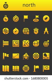 conjunto de iconos del norte. 26 íconos del norte rellenos.  Iconos modernos sencillos, como: Compass, Flag, World, Flags, Map, Earth globo, Iceberg, Wind Rose