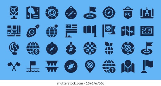 conjunto de iconos del norte. 32 íconos del norte rellenos. en el estilo de fondo azul Iconos modernos sencillos como: Mapa, globo terrestre, bandera, brújula, banderas, mundo