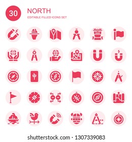 north icon set. Collection of 30 filled north icons included Magnet, Iceberg, Map, Compass, Liverpool, World, Mahjong, Flag, Vane, Viking