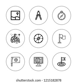 North icon set. collection of 9 outline north icons with compass, flag, map icons. editable icons.