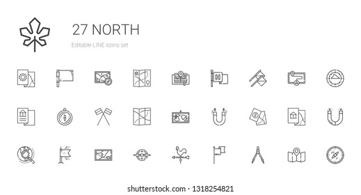 north icons set. Collection of north with compass, flag, weather vane, map, flags, explore, magnet, maple leaf. Editable and scalable north icons.