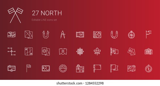 north icons set. Collection of north with flag, map, compass, maple leaf, magnet, flags. Editable and scalable north icons.
