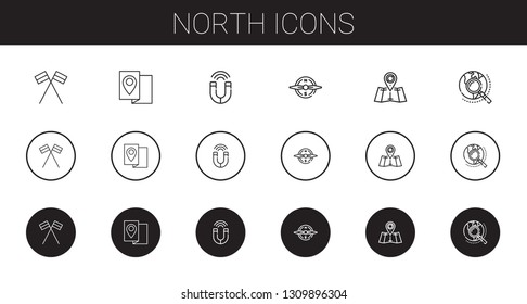 north icons set. Collection of north with flags, map, magnet, compass, explore. Editable and scalable north icons.