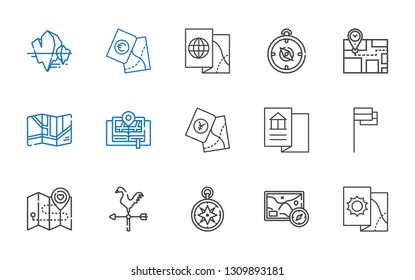 north icons set. Collection of north with map, wind rose, weathercock, flag, compass, iceberg. Editable and scalable north icons.