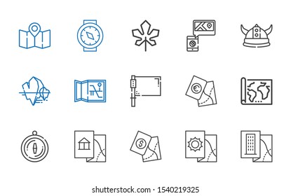 north icons set. Collection of north with map, compass, flag, iceberg, viking, maple leaf. Editable and scalable north icons.