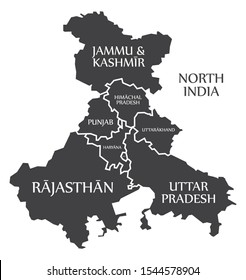 North India Region Map Labelled Black Illustration