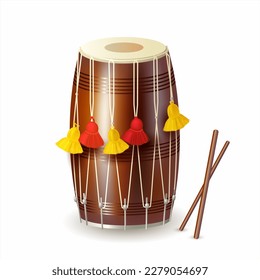 North Indian dhol (drum) and sticks isolated on white. Traditional attribute for festivals (Vaisakhi, Baisakhi, Lohri). Music software for Punjabi Bhangra dance. Vector.