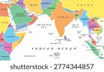 North Indian Ocean, multi colored political map with countries and international borders. Tropical marine region, comprising the Arabian Sea to the west of India and Bay of Bengal to the east. Vector