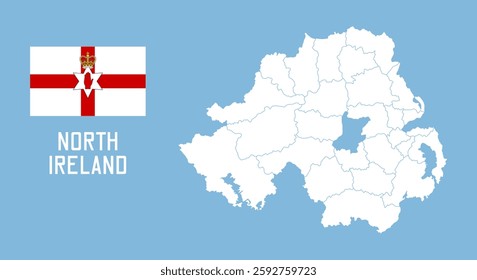 North Ireland map. Vector North Ireland map with North Ireland flag isolated on blue background.	