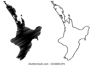 Illustration vectorielle de la carte de l'île du Nord (Nouvelle-Zélande), croquis à griffes Carte de Te Ika-a-Maui