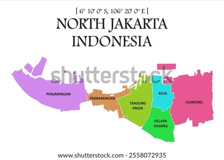 North Jakarta illustration map vector with every district in color and white boundary lines, Indonesia