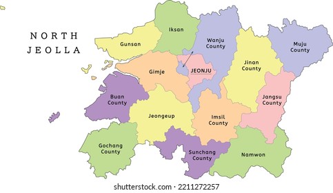 North Jeolla Province administrative map with cities and counties. Clored. Vectored. Yellow, green, blue, pink, violet, orange