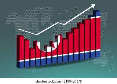 North Korea 3D bar chart graph with ups and downs, increasing values, North Korea country flag on 3D bar graph, upward rising arrow on data, news banner idea, developing country concept