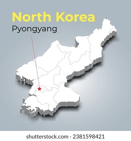 North Korea 3d map with borders of regions and it’s capital