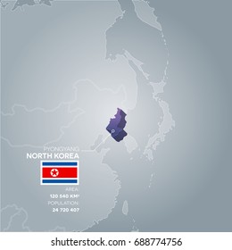 North Korea 3d map with information of area and population of the country.