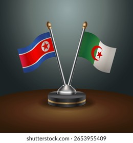 Nordkorea und Algerien Tischfahnen Beziehung mit Farbverlauf-Hintergrund. Vektorgrafik