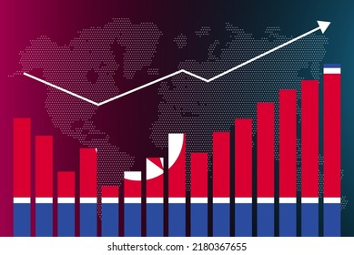 North Korea bar chart graph with ups and downs, increasing values, North Korea country flag on bar graph, upward rising arrow on data, news banner idea, developing country concept