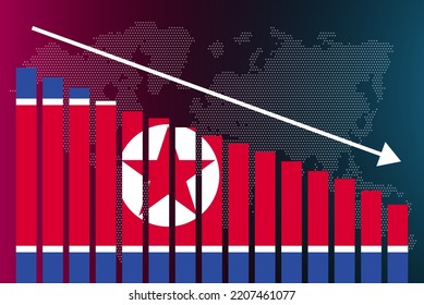 North Korea bar chart graph, decreasing values, crisis and downgrade concept, North Korea flag on bar graph, down arrow on data, news banner idea, fail and decrease, financial statistic