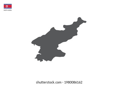 Mapa de la sombra negra de Corea del Norte aislado en el fondo blanco con la bandera del icono de Corea del Norte en la esquina izquierda.