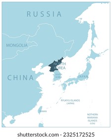 North Korea - blue map with neighboring countries and names. Vector illustration