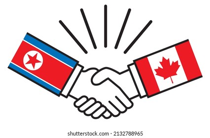 North Korea and Canada, handshakes with flags. Image illustrations of wars, conflicts, alliances, reconciliations, agreements between nations, icons.