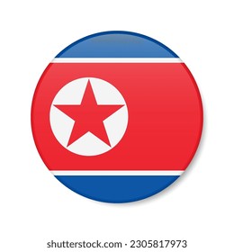 North Korea circle button icon. Juche round badge flag with shadow. 3D realistic vector illustration isolated on white.