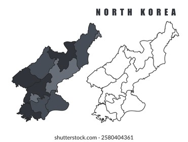 North Korea country map black flat outline vector illustration set
