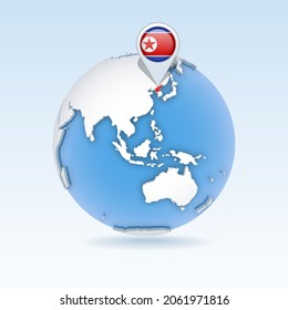 North Korea - country map and flag located on globe, world map. 3D Vector illustration