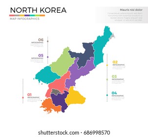 North Korea country map infographic colored vector template with regions and pointer marks