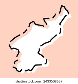 North Korea country simplified map. White silhouette with black broken contour on pink background. Simple vector icon