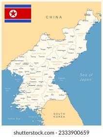 North Korea - detailed map with administrative divisions and country flag. Vector illustration