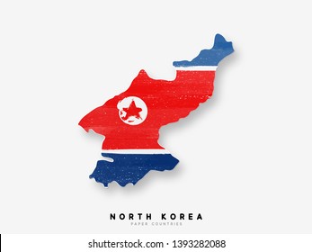 North Korea detailed map with flag of country. Painted in watercolor paint colors in the national flag.