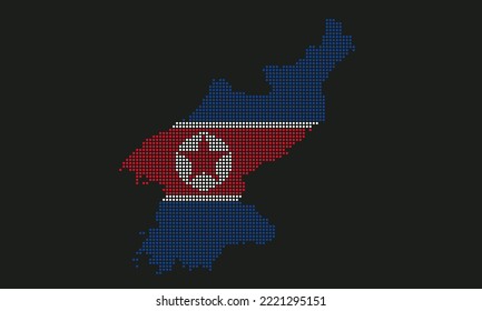 North Korea dotted map flag with grunge texture in mosaic dot style. Abstract pixel vector illustration of a country map with halftone effect for infographic. 