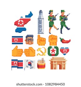 North Korea elements pixel art 80s style icon set, Arch of Triumph landmark, Korean national flag and map of the country, soldier man and woman isolated vector illustration. Design sticker, logo, web.