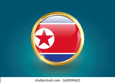 North Korea flag in 3D circle frame, can be used for independence day or any other events. gold glossy badge. vector illustration. EPS 10.
