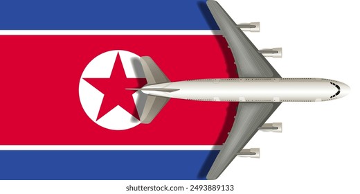 North Korea flag with an airplane flying over it close up. Vector image.
