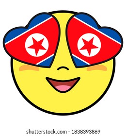 North Korea flag button. Patriotic smile in hearts glasses. Emoji icon isolated on white background.