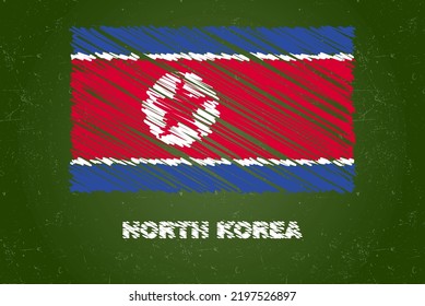 North Korea flag with chalk effect on green chalkboard, hand drawing country flag concept, green blackboard with North Korea flag, chalk texture, flag for kids, classroom material