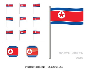 North Korea Flag East Asia Country Waving Animation App Icon Vector